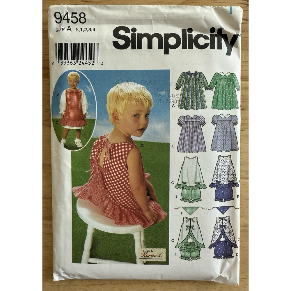 Simplicity 9458 Dress, Pinafore, Panties & Scarf‎ Pattern Toddlers'  1/2-4 Uncut
